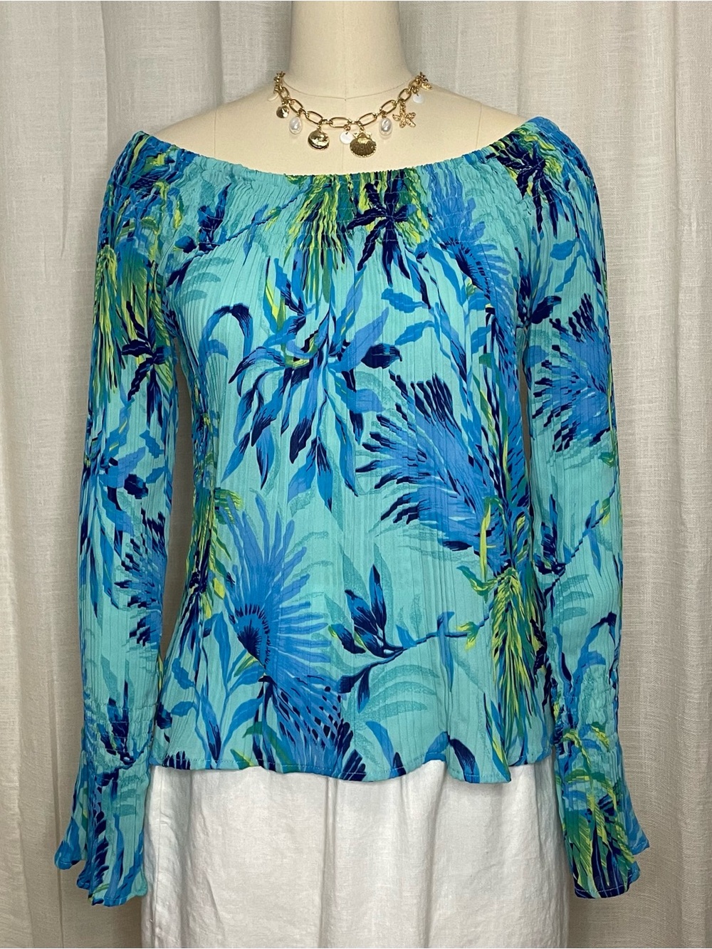 Borcellini Lightweight Off-Shoulder Blue Floral Print Blouse